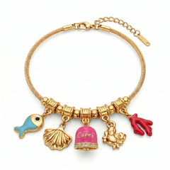 Bracelet with Pink Bougainvillea Enamelled Capri Bell and Sea Charms